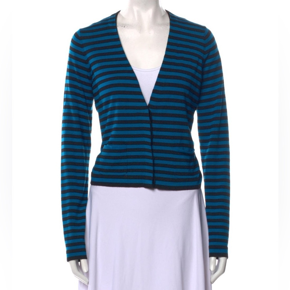 AKRIS PUNTO Wool Blue Black Striped V-Neck Hidden Button Crop Cardigan Sweater 6